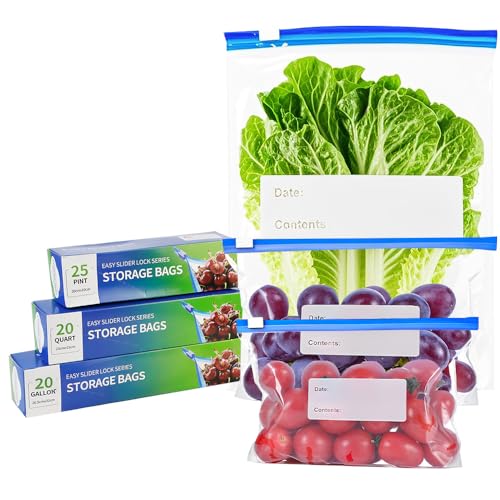60 StüCk Gefrierbeutel zur Lebensmittel Aufbewahrung, Liucongbd 3 GrößEn Zipbeutel Taschen (3.5L, 1L, 0.5L), Wiederverwendbar Sandwichbeutel, Hochleistungs-Lebensmitteltaschen für Obst GemüSe Fleisch von LIUCONGBD