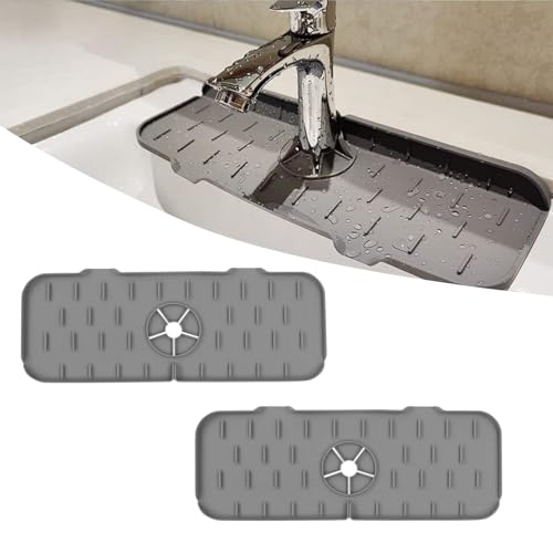 LIUCONGBD 2 Stück Wasserhahn Waschbecken Matte, Wasser Splash Guard Wasserhahn Matte für Küche Spüle Abtropffläche, Silikon Wasserhahn Griff Tropfenfänger Tablett für Küche Bad (grau) von LIUCONGBD