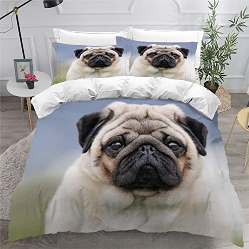 LIUDONG Bettwäsche-Set Mops 3D Motiv Bettbezug mit Reißverschluss Sommer Kinder Kuschelig Mikrofaser Tierischer Hund Bettbezüge Jungen Mädchen Bettwäsche 135x200 mit 2 Kissenbezug 80x80 cm von LIUDONG