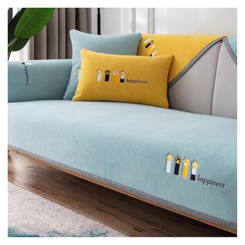 Weiches, besticktes Sofatuch aus Chenille, universeller Sofabezug mit Anti-Katzenkratzschutz, rutschfester Couchbezug for das Wohnzimmer für U Form L Form Sektionssofa(Light blue,90x160cm 1pc) von LIUHLFSR