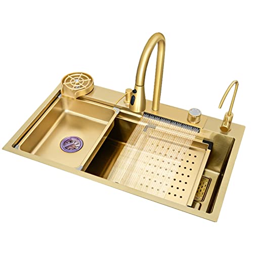 Gold Küchenspüle Kit Edelstahl Spüle Ausziehbarer Wasserhahn Große Einzelschüssel mit Zubehör(75x45cm) von LIUJHGH