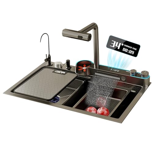 Küchenspüle, Edelstahl-Wasserfall-Küchenspüle, Einzelbecken-Arbeitsplatzspüle mit Wasserhahn, mehrere Zubehörteile(85x45CM) von LIUJHGH