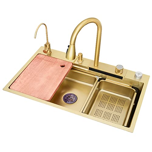 Küchenspüle Wasserfall Golden Wash Gemüse Einzelbecken Edelstahl Große Spüle Einbau- oder Unterbauinstallation(80x45cm) von LIUJHGH