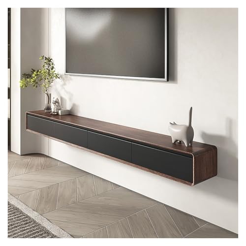 LIUJHGH Wandmontierter schwebender TV-Schrank, schmale Medienkonsole aus Massivholz mit Ablage für kleine Räume(Walnut+Black,200cm) von LIUJHGH