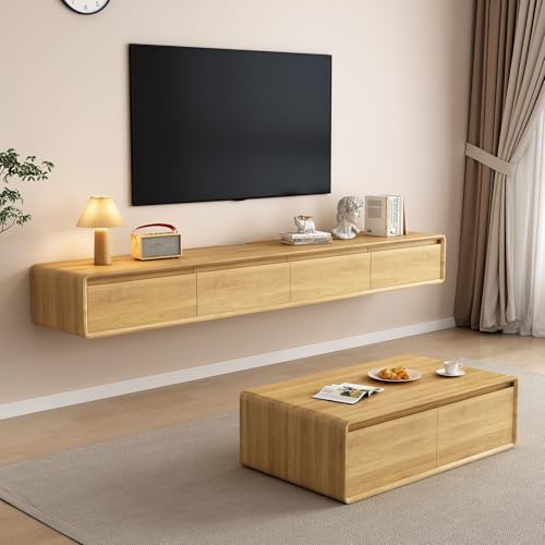 LIUJHGH Wandmontiertes TV-Board, großes Medienmöbel mit Türen und Regalen, Entertainment-Center im Landhausstil für Wohnzimmer(Wood,240CM) von LIUJHGH