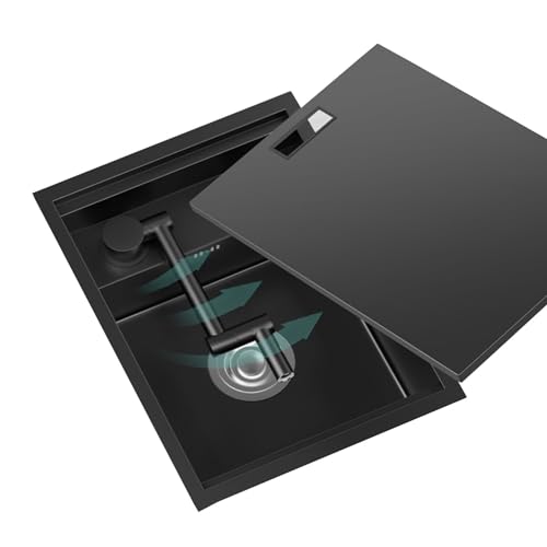 Nano Black versteckte RV-Barspüle, Edelstahl-Einzelbecken-Arbeitsplatzspüle mit Hebehahn und Abdeckplatte(68X48CM) von LIUJHGH