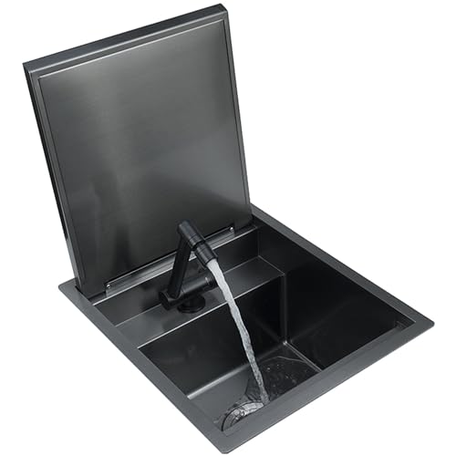 Verstecktes Wohnmobil-Bar-Spülbecken Kleines Edelstahl-Spülbecken mit Klapphahn, Abdeckung, Abflussrohr und Sieb Komplettset(43 * 45cm) von LIUJHGH