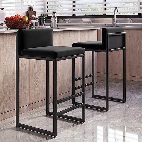 LIULIFEN Moderne Frühstücksbarhocker aus Samt, 2er-Set mit Rückenlehne, schwarzer Metallrahmen, Küchenthekenhocker für Insel/Pub, 75 cm (29,5 Zoll), Farbe: Schwarz von LIULIFEN