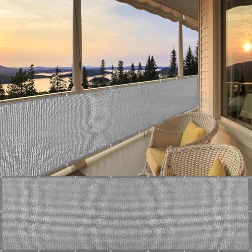 LIUNADM Balkonabdeckung Balkonbespannung 110 x 640 cm Windschutz Und Uv-Schutz, Sichtschutz Sichtschutz Sichtschutzzaun mit Ösen Kabelbinder, Kordel für Garten Balkon Terrasse, Hellgrau von LIUNADM