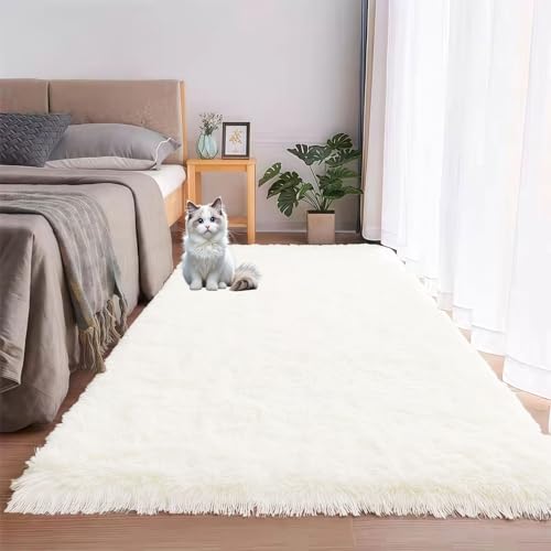 LIUNADM Hochflor Teppich Wohnzimmer 170 x 230 cm Waschbar Flauschig Weich rutschfest Teppich Schlafzimmer Langlebig Und Pflegeleicht Wohnzimmer Balkon Küchenteppich, Weiß von LIUNADM