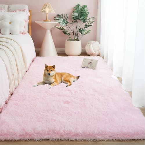 LIUNADM Kuscheliger Kurzflor Teppich 100 x 260 cm Anti-Rutsch Rückseite Modern Waschbar Moderner Kuscheliger Wohnzimmer Pflegeleicht, Minimalistisch für Schlafzimmer Kinderzimmer, Rosa von LIUNADM