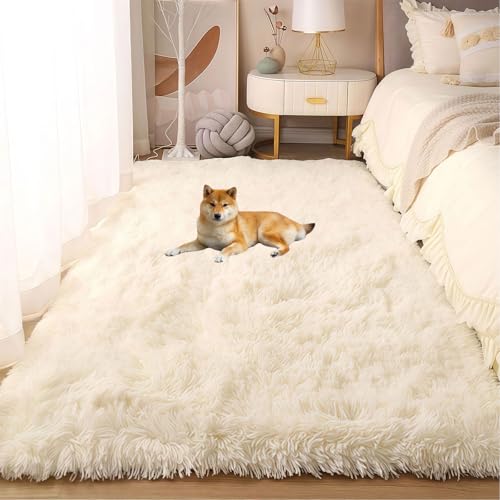 LIUNADM Kuscheliger Kurzflor Teppich 210 x 240 cm Anti-Rutsch Rückseite Modern Waschbar Moderner Kuscheliger Wohnzimmer Pflegeleicht, Minimalistisch für Schlafzimmer Kinderzimmer, cremefarben von LIUNADM