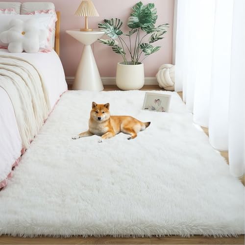 LIUNADM Kuscheliger Kurzflor Teppich 240 x 270 cm Anti-Rutsch Rückseite Modern Waschbar Moderner Kuscheliger Wohnzimmer Pflegeleicht, Minimalistisch für Schlafzimmer Kinderzimmer, Weiß von LIUNADM