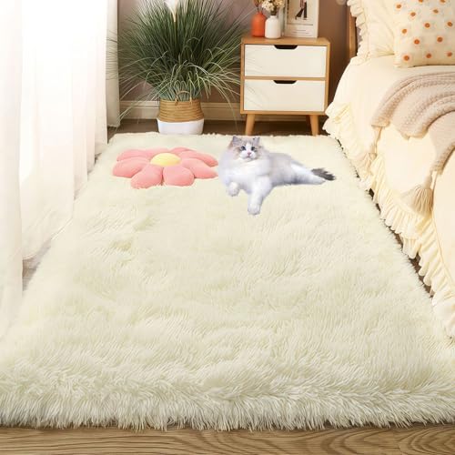 LIUNADM Teppich Wohnzimmer 60 x 100 cm Shaggy Modern Flauschiger Extra Weich Wohnzimmer Teppich Kurzflor Pflegeleicht, Minimalistisch Fußbodenheizung Geeignet, cremefarben von LIUNADM