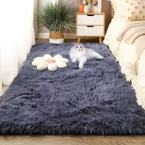 LIUNADM Teppich Wohnzimmer 60 x 190 cm Shaggy Modern Flauschiger Extra Weich Wohnzimmer Teppich Kurzflor Pflegeleicht, Minimalistisch Fußbodenheizung Geeignet, Grau von LIUNADM