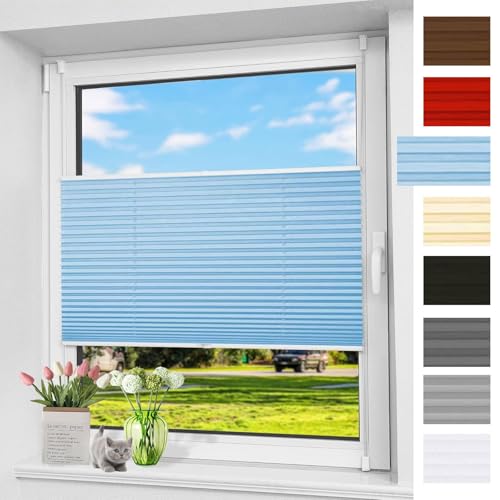 Plissee Ohne Bohren Verdunkelung 65 x 100 cm Sichtschutz Und Sonnenschutz Plisseerollo Sonnenschutz mit Klemmträger Easyfix für Fenster & Tür, hellblau von LIUNADM