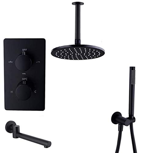 Duschsystem, deckenmontiertes Thermostat-Messing in Schwarz mit 8-12-Zoll-Badezimmer-Regenduschen-Wasserhahn-Set und Handbrause und Wannenarmaturen, Luxus, 10 Zoll interesting von LIUNJHUY