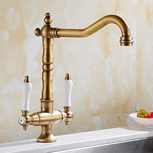 Wasserhähne, Badezimmer-Mischbatterie Traditionelle Küchenspüle Mischbatterie Doppelgriff Massivmessing Küchenarmatur Antike Bronze Messing Klassischer Wasserhahn,Bronze interesting von LIUNJHUY