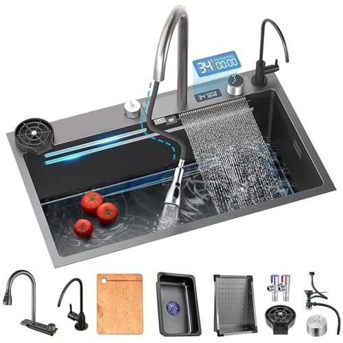 Schwarze Wasserfall-Küchenspüle Aus Edelstahl 304, Nano-Workstation-Spüle Mit Digitalanzeige, Ausziehbarer Wasserhahn, Einbau-Küchenspüle Mit Zubehör (Color : Schwarz, S : 75x45x22CM) von LIUOZ