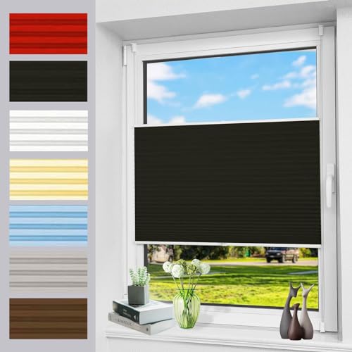 Plissee Klemmfix ohne Bohren 50 x 110 cm lichtundurchlässig UV-Schutz Rollos für Fenster mit Klemmfix inkl. Befestigungsmaterial für Fenster und Tür, Schwarz von LIUWEIE