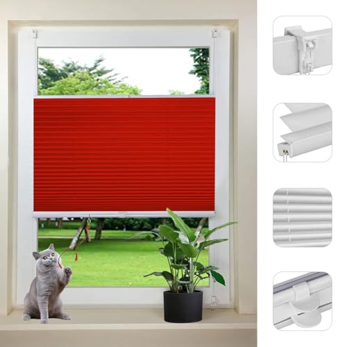 Plissee Klemmfix ohne Bohren 50 x 180 cm Blickdicht Sichtschutz Sonnenschutz Jalousie Easyfix Faltrollo Bequeme Rollo Montage für Fenster & Tür Balkontür, Rot von LIUWEIE