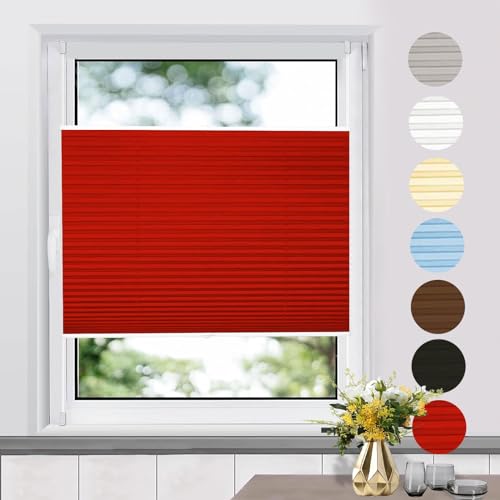 Plissee ohne Bohren Klemmfix 40 x 140 cm Blickdicht Sichtschutz Sonnenschutz Plissees für Fenster Faltrollo Klemmfix inkl. Befestigungsmaterial für Fenster & Tür Balkontür, Rot von LIUWEIE