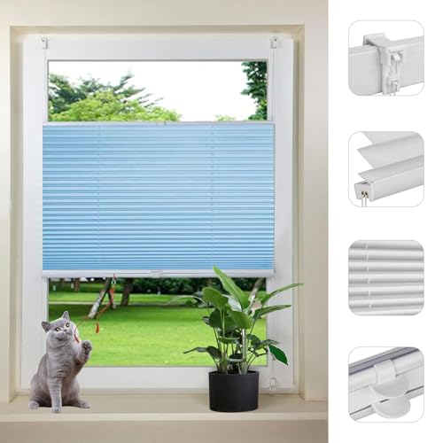 Plissee ohne Bohren Klemmfix 50 x 90 cm Schallschutz Wärmeisolierung Jalousie Faltrollo Fensterrollo Rollo mit Klemmträger Easyfix für Küche Kinderzimmer Wohnzimmer, Blau von LIUWEIE