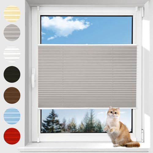 Plissee ohne Bohren Klemmfix 75 x 130 cm 100% lichtundurchlässig UV-Schutz Faltrollos für Fenster Klemmfix Plissee inkl. Befestigungsmaterial für Fenster & Tür Balkontür, Hellgrau von LIUWEIE