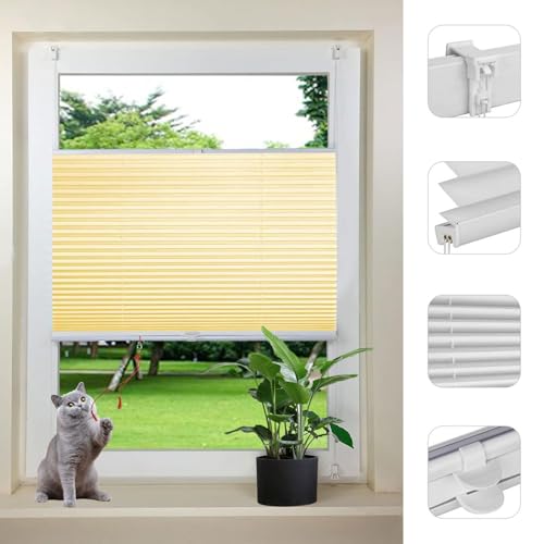 Plissee ohne Bohren Verdunkelung 65 x 70 cm lichtundurchlässig UV-Schutz Jalousie Easyfix Faltrollo mit Klemmträger Easyfix für Fenster & Tür Balkontür, Creme Farben von LIUWEIE