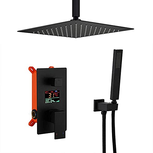 Duschset 3-Funktions-Duschsystem Schwarz Duscherhöhung Kit Quadratische Regenduschköpfe & Handbrause Duschkopf, Deckenhalterung-C_30.5 cm von LIUWOPA