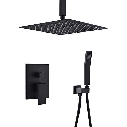 Duschsystem, Decke Regenduschsystem mit Hochdruck 12 Zoll Regenduschkopf und Handheld Ganzmetall Duscharmatur Set, Mattschwarz System Luxus Duschset (10 Zoll) von LIUWOPA
