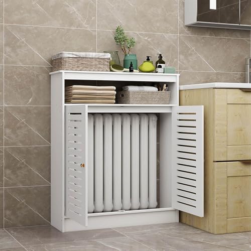 Weiße Heizkörperabdeckung & WiFi-Router-Aufbewahrungsschrank, 2-türiger dekorativer Organizer mit vertikalen Grilllamellen, ideal für Badezimmer und Wohnzimmer, Maße: L 27,5 x H 39,3 x T 7,8 cm von LIUWOPA