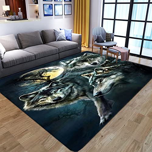 LIUXIAOLIANG Bedruckter Teppich Blau Wolf Mond Polyester Rutschfester Kurzflor Teppich Bodenmatte Leicht zu Reinigen für Wohnzimmer und Schlafzimmer Fußmatte Küchenteppich 140x200cm von LIUXIAOLIANG