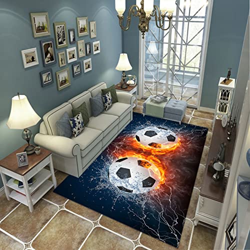 LIUXIAOLIANG Bedruckter Teppich Blau Fußball Flamme Polyester Rutschfester Kurzflor Teppich Bodenmatte Farbecht Leicht zu Reinigen für Wohnzimmer und Schlafzimmer Kinderzimmer 140x200cm von LIUXIAOLIANG