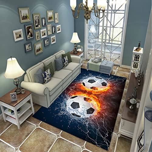 LIUXIAOLIANG Bedruckter Teppich Blau Fußball Flamme Polyester Rutschfester Kurzflor Teppich Bodenmatte Farbecht Leicht zu Reinigen für Wohnzimmer und Schlafzimmer Kinderzimmer 60x90cm von LIUXIAOLIANG