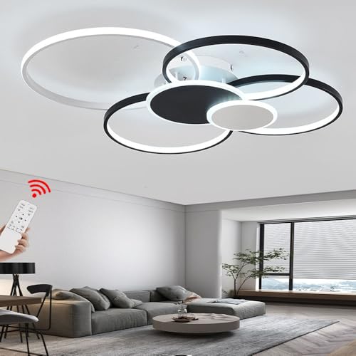LIUYU LED Deckenleuchte Dimmbar mit Fernbedienung, 6-Ring Modern Rund Aluminium Wohnzimmerlampe Schwarz-Weiβ, 90W 8100lm, Große Deckenlampe Wohnzimmer L100×B82cm von LIUYU