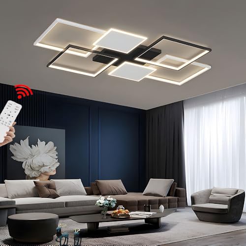 LED Wohnzimmer Deckenleuchte Dimmbar, Wohnzimmer Deckenlampe mit Fernbedienung, Aluminium Modern Rechteckig Design Schwarz Weiß Wohnzimmerlampen, 95 W, 8100 lm, Deckenleuchten L 110cm × W 70 cm von LIUYU