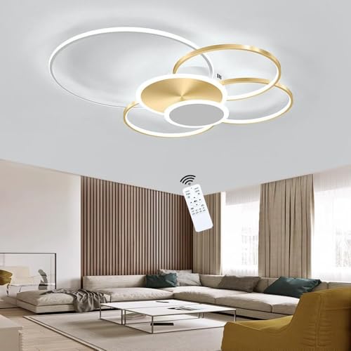 LIUYU 68W Deckenlampe Wohnzimmer, Wohnzimmerlampe Mit Fernbedienung Stufenlos Dimmbar 3000-6500K, 6-Runde Metall Acryl Modern Geometrisch LED Deckenleuchte, Gold + Weiß, L80 * W67 * 11 cm von LIUYU