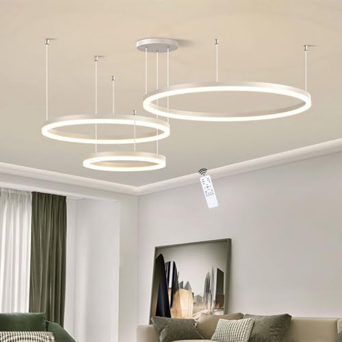 LIUYU 75W Pendelleuchte Weiß, Wohnzimmerlampe Dimmbar mit Fernbedienung. Hängelampe Wohnzimmer Hängend höhe Form verstellbar. Deckenlampe Wohnzimmer, Pendelleuchte esstisch 3 Ringe Größe 20+40+60cm von LIUYU