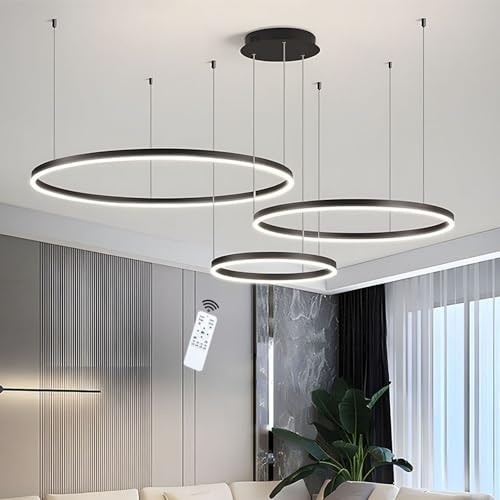 LIUYU Dimmbar LED Pendelleuchte 106W Modern 3 Ring 40+60+80cm Runddesign Hängelampe Einstellbare Höhe und Form Hängeleuchten For Wohnzimmer Küche Esszimmer Büro Aluminium Schwarz Pendellampe von LIUYU