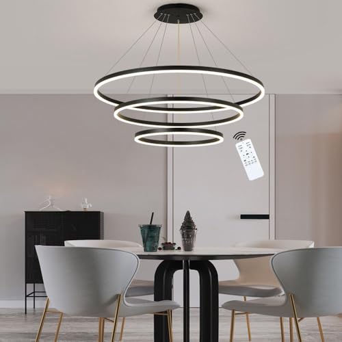 LIUYU Dimmbar LED Pendelleuchte 106W Modern 3 Ring 40+60+80cm Runddesign Hängelampe Einstellbare Höhe und Form Hängeleuchten For Wohnzimmer Küche Esszimmer Büro Aluminium Schwarz Pendellampe von LIUYU