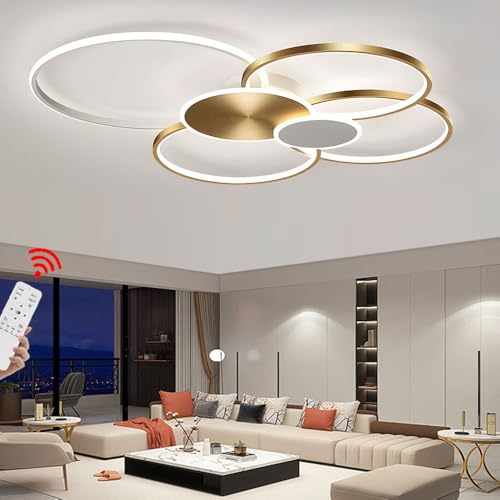 LIUYU LED Deckenleuchte Dimmbar mit Fernbedienung, 6-Ring Modern Rund Aluminium Wohnzimmerlampe Gold-Weiβ, 68W 5800lm, Große Deckenlampe Wohnzimmer L80 x B67 cm von LIUYU