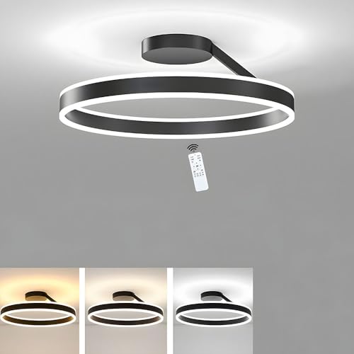 LIUYU Modern Rund Deckenlampe 58W Dimmbar Schwarz LED Deckenleuchte mit Fernbedienung, Ring Lampe Decke Durchmesser 50cm (19.7in) Aluminium Deckenleuchten 2 × LED Acryl Deckenlampen 4400 lm von LIUYU