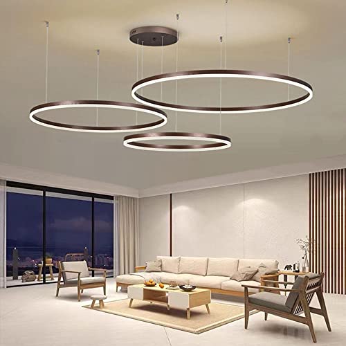 LIUYU Pendelleuchte Braun 106W, Wohnzimmerlampe Dimmbar mit Fernbedienung. Hängelampe wohnzimmer Hängend höhe Form verstellbar. Deckenlampe wohnzimmer, Pendelleuchte esstisch 3 ringe Größe 40+60+80cm von LIUYU