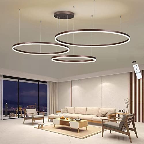 LIUYU Dimmbar LED Pendelleuchte 75W Modern 3 Ring 20+40+60cm Runddesign Hängelampe Einstellbare Höhe und Form Hängeleuchten For Wohnzimmer Küche Esszimmer Büro Aluminium Braun Pendellampe von LIUYU