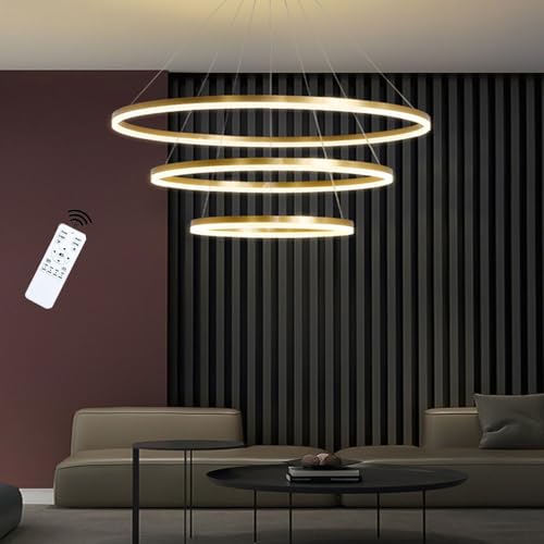 LIUYU Pendelleuchte Gold 106W, Wohnzimmerlampe Dimmbar mit Fernbedienung. Hängelampe wohnzimmer Hängend höhe Form verstellbar. Deckenlampe wohnzimmer, Pendelleuchte esstisch 3 ringe Größe 40+60+80cm von LIUYU