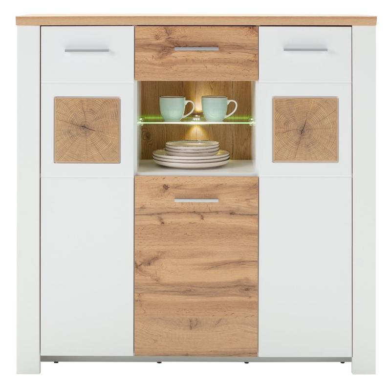 LIV'IN Highboard MATERA, B 122 x T 39 cm, Weiß supermatt Dekor, Eiche Altholz Dekor, 3 Türen und 1 Schublade, LED-Beleuchtung von LIV'IN
