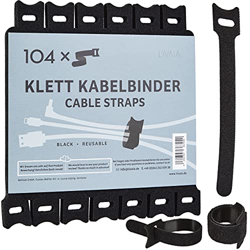 104x Klett Kabelbinder Wiederverschließbar: Klettband Kabelbinder 15cm für einfaches Ordnen von Kabeln – Kabel Organizer, Kabelmanagement – Klettverschluss Kabelbinder Klett Selbstklebend von LIVAIA von LIVAIA