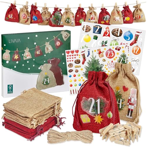 Adventskalender zum Befüllen 2025 - Jute Adventskalender zum Selbstbefüllen mit Beuteln, Stickern und Zahlen Aufkleber - Adventskalender zum Basteln - DIY Adventskalender Selber Befüllen LIVAIA von LIVAIA