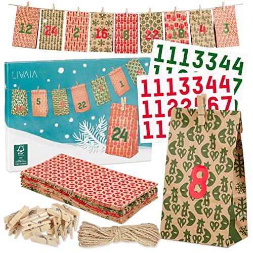 LIVAIA Adventskalender 2025 Frauen, Männer und Kinder: DIY Set zum Befüllen mit kleinen Geschenken - 24 bedruckte Papiertüten, Holzklammern, Adventskalender Tee Aufkleber - Ideal für Geschenke LIVAIA Adventskalender 2025 Frauen, Männer und Kinder: DIY Set zum Befüllen mit kleinen Geschenken - 24 bedruckte Papiertüten, Holzklammern, Adventskalender Tee Aufkleber - Ideal für Geschenke von LIVAIA
